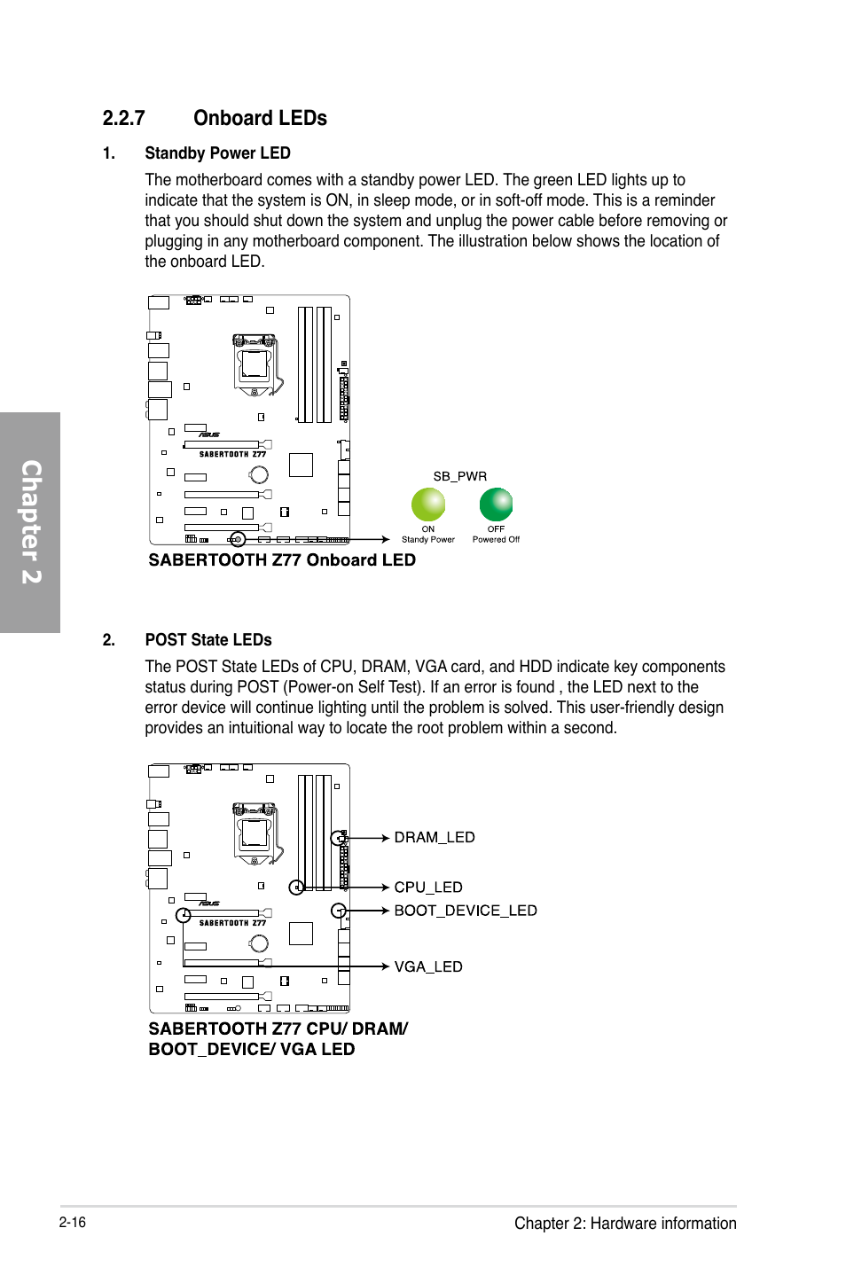 7 onboard leds, Onboard leds -16, Chapter 2 | Asus SABERTOOTH Z77 User Manual | Page 36 / 178