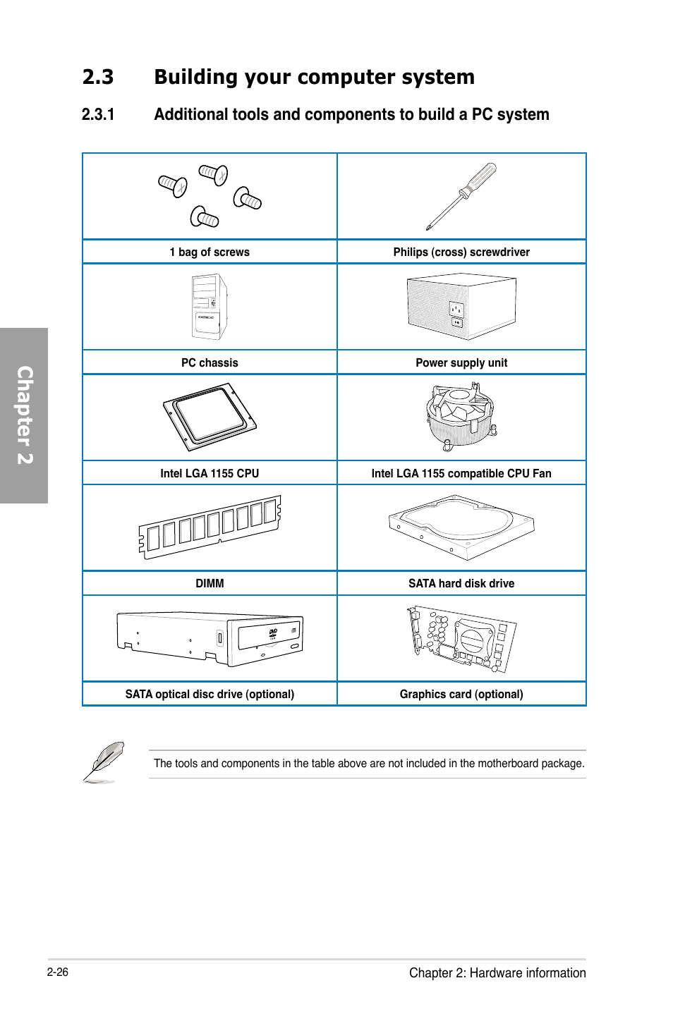 3 building your computer system, Building your computer system -26 2.3.1, Chapter 2 2.3 building your computer system | Asus SABERTOOTH Z77 User Manual | Page 46 / 178