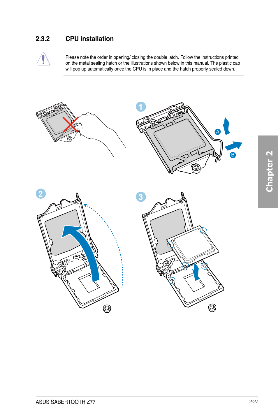 2 cpu installation, Cpu installation -27, Chapter 2 | Asus SABERTOOTH Z77 User Manual | Page 47 / 178