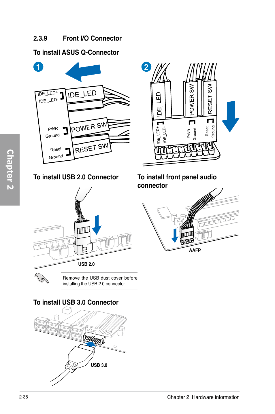 9 front i/o connector, Front i/o connector -38, Chapter 2 | 9 front i/o connector ide_led | Asus SABERTOOTH Z77 User Manual | Page 58 / 178