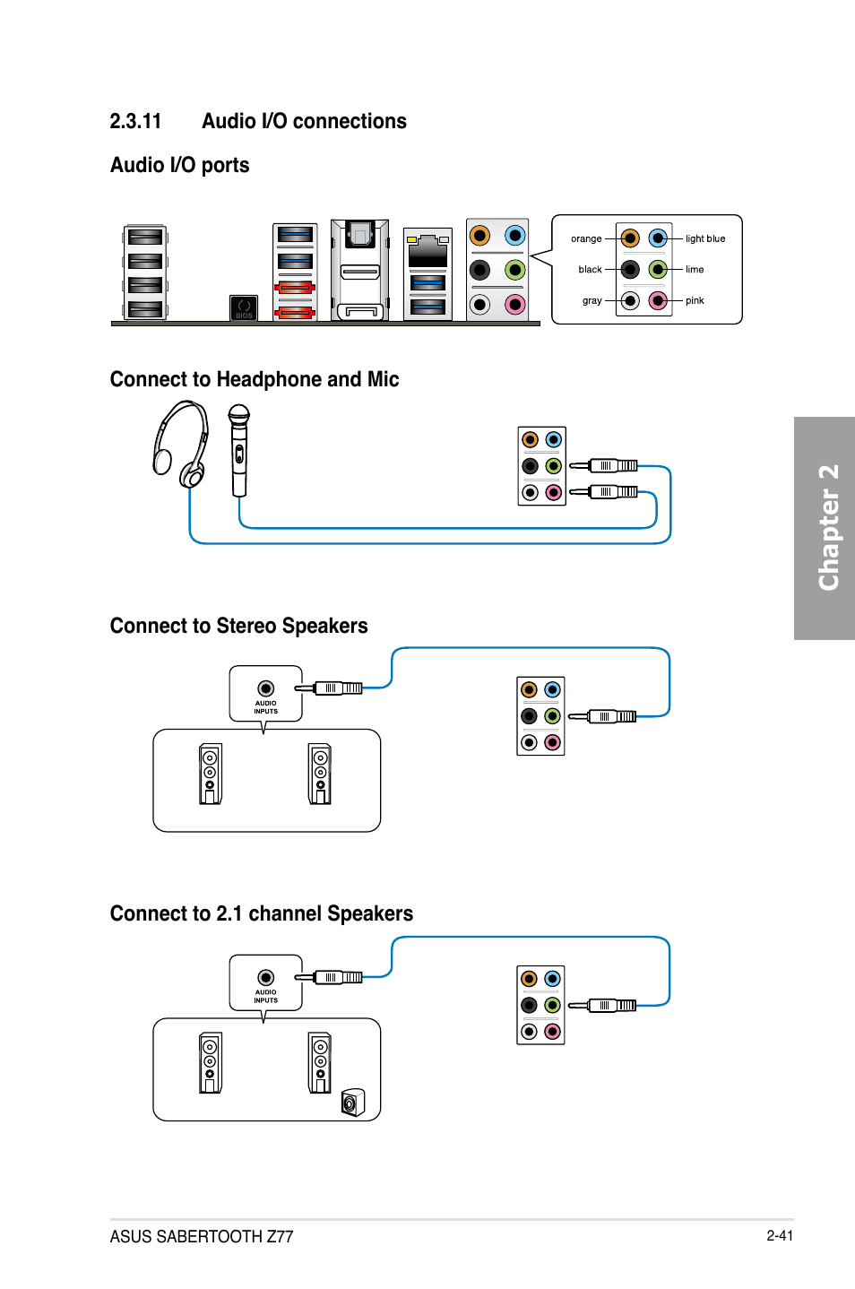 11 audio i/o connections, Audio i/o connections -41, Chapter 2 | Asus SABERTOOTH Z77 User Manual | Page 61 / 178