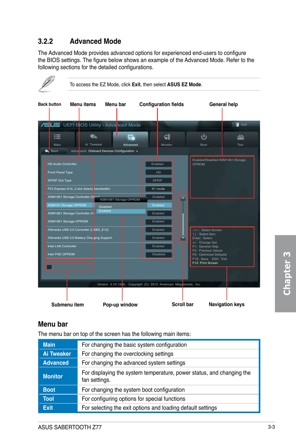 2 advanced mode, Advanced mode -3, Chapter 3 | Menu bar, Asus sabertooth z77 | Asus SABERTOOTH Z77 User Manual | Page 67 / 178