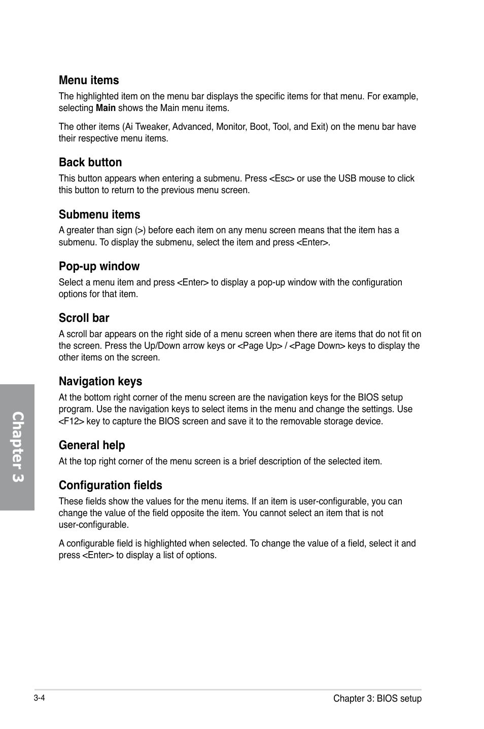 Chapter 3, Menu items, Back button | Submenu items, Pop-up window, Scroll bar, Navigation keys, General help, Configuration fields | Asus SABERTOOTH Z77 User Manual | Page 68 / 178