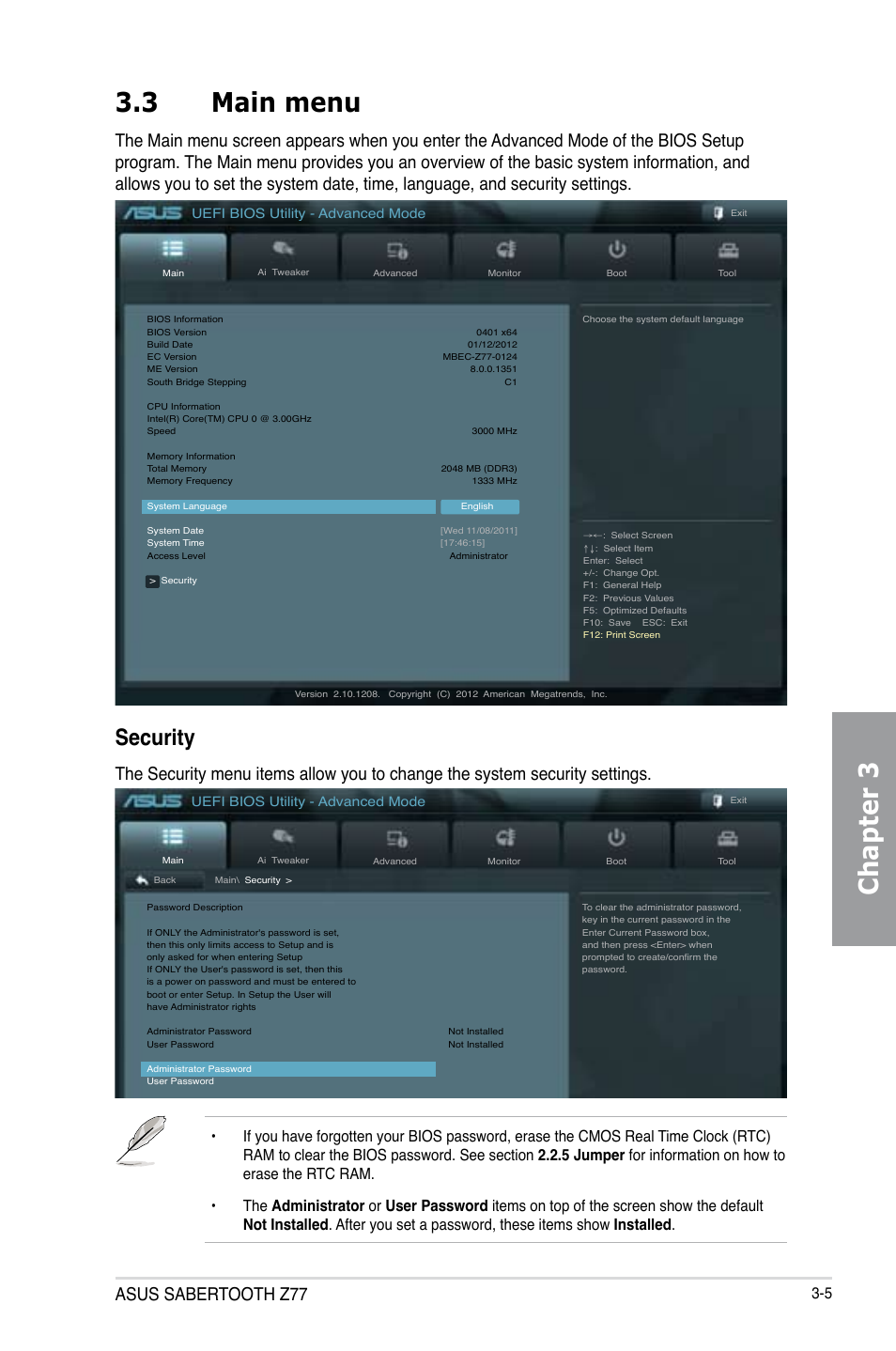 3 main menu, Main menu -5, Chapter 3 | Security, Asus sabertooth z77 | Asus SABERTOOTH Z77 User Manual | Page 69 / 178