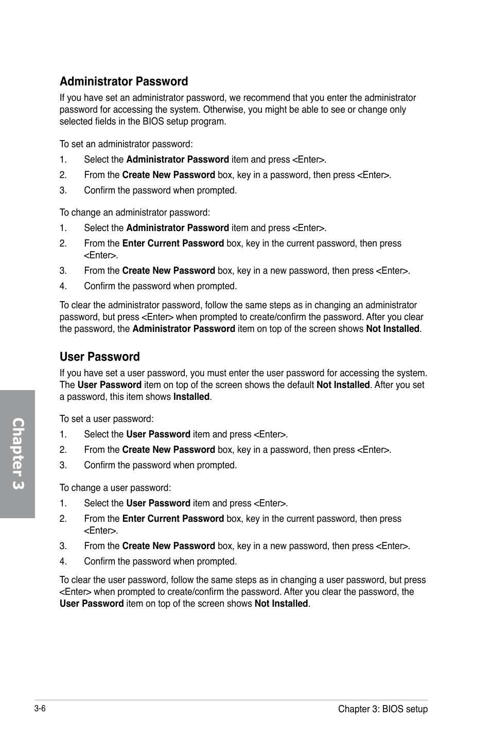 Chapter 3, Administrator password, User password | Asus SABERTOOTH Z77 User Manual | Page 70 / 178