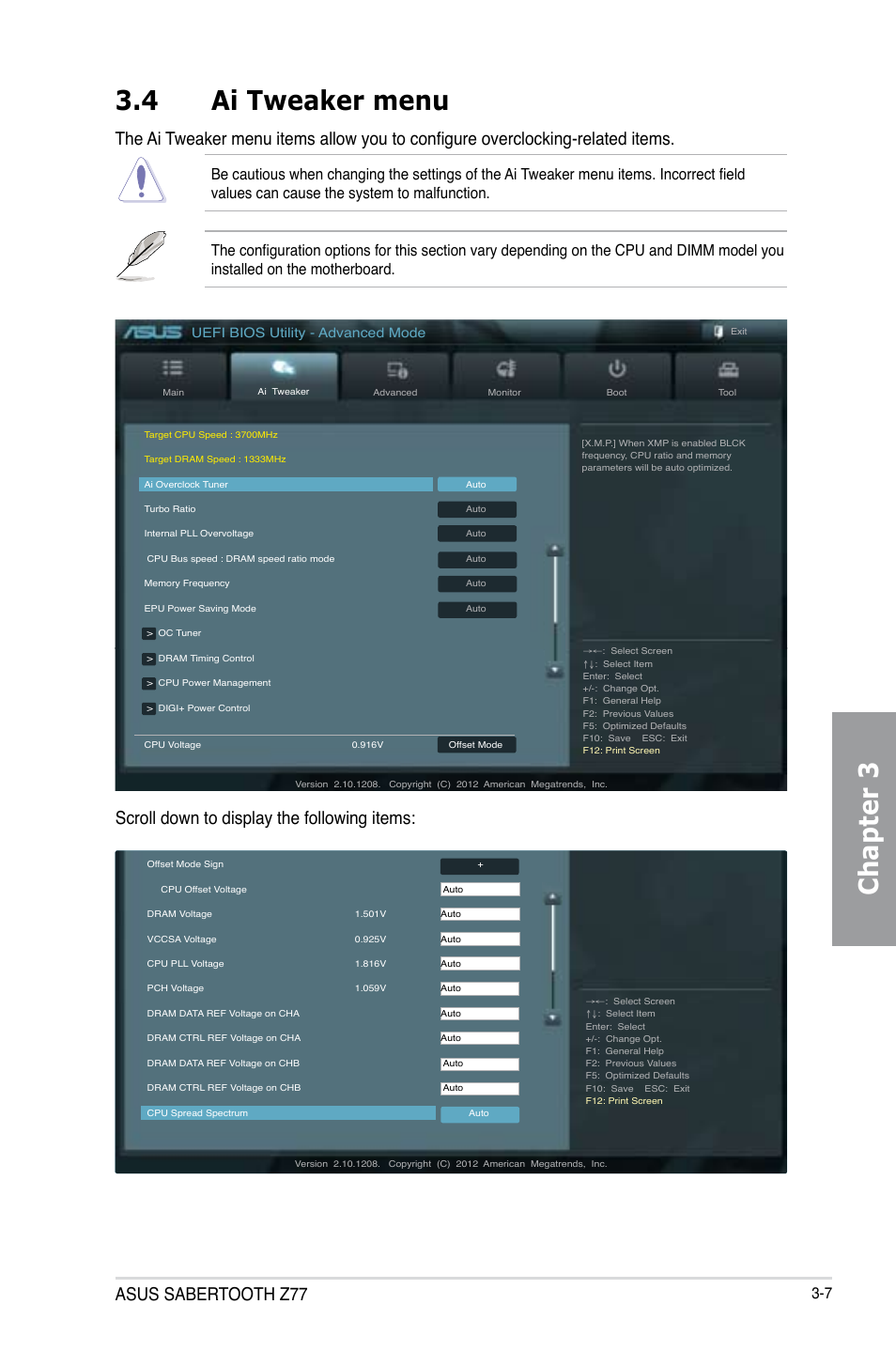4 ai tweaker menu, Ai tweaker menu -7, Chapter 3 3.4 ai tweaker menu | Asus sabertooth z77, Scroll down to display the following items, Uefi bios utility - advanced mode | Asus SABERTOOTH Z77 User Manual | Page 71 / 178