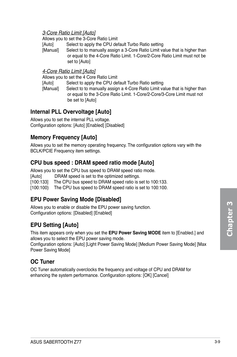 Chapter 3, Internal pll overvoltage [auto, Cpu bus speed : dram speed ratio mode [auto | Epu power saving mode [disabled, Epu setting [auto, Oc tuner | Asus SABERTOOTH Z77 User Manual | Page 73 / 178