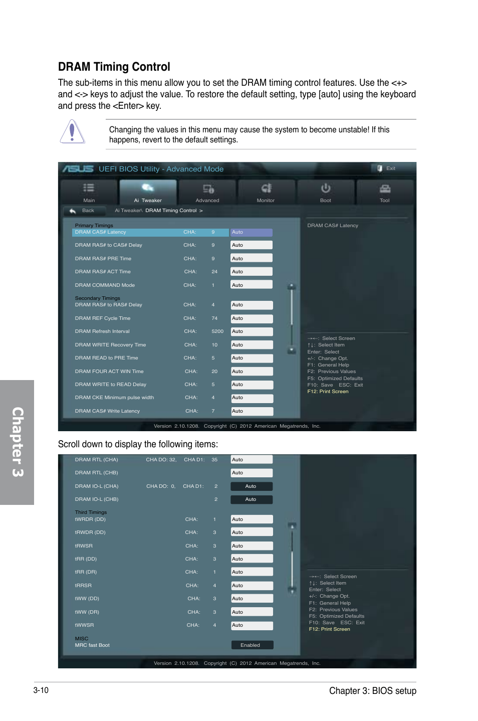 Chapter 3, Dram timing control, Chapter 3: bios setup | Scroll down to display the following items, Uefi bios utility - advanced mode | Asus SABERTOOTH Z77 User Manual | Page 74 / 178