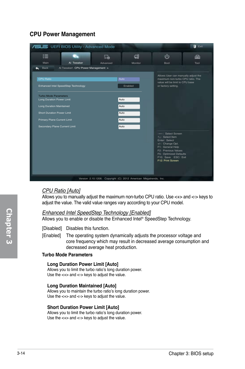 Chapter 3, Cpu power management, Cpu ratio [auto | Enhanced intel speedstep technology [enabled, Chapter 3: bios setup, Allows you to enable or disable the enhanced intel, Long duration maintained [auto, Short duration power limit [auto | Asus SABERTOOTH Z77 User Manual | Page 78 / 178