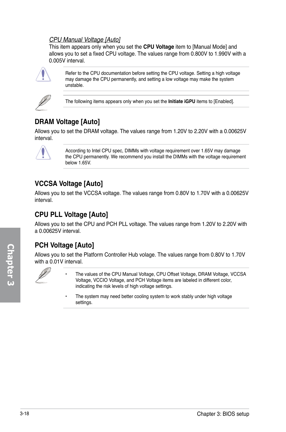 Chapter 3, Dram voltage [auto, Vccsa voltage [auto | Cpu pll voltage [auto, Pch voltage [auto | Asus SABERTOOTH Z77 User Manual | Page 82 / 178