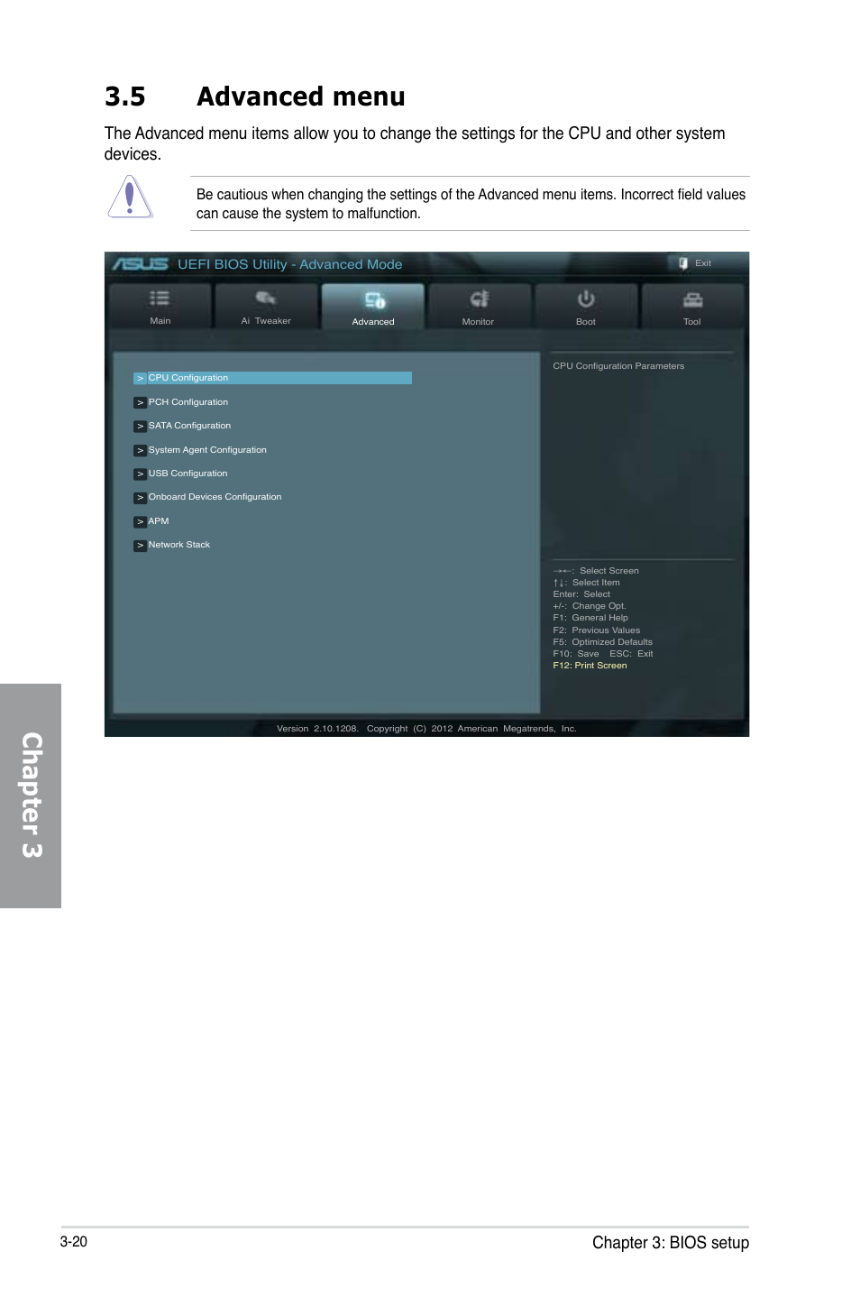 5 advanced menu, Advanced menu -20, Chapter 3 | Chapter 3: bios setup | Asus SABERTOOTH Z77 User Manual | Page 84 / 178