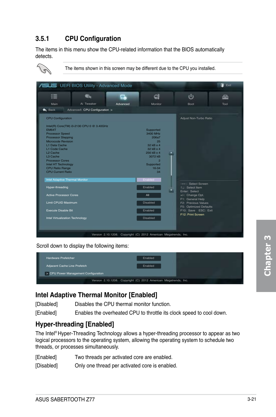 1 cpu configuration, Cpu configuration -21, Chapter 3 | Intel adaptive thermal monitor [enabled, Hyper-threading [enabled, Asus sabertooth z77, Scroll down to display the following items, The intel | Asus SABERTOOTH Z77 User Manual | Page 85 / 178