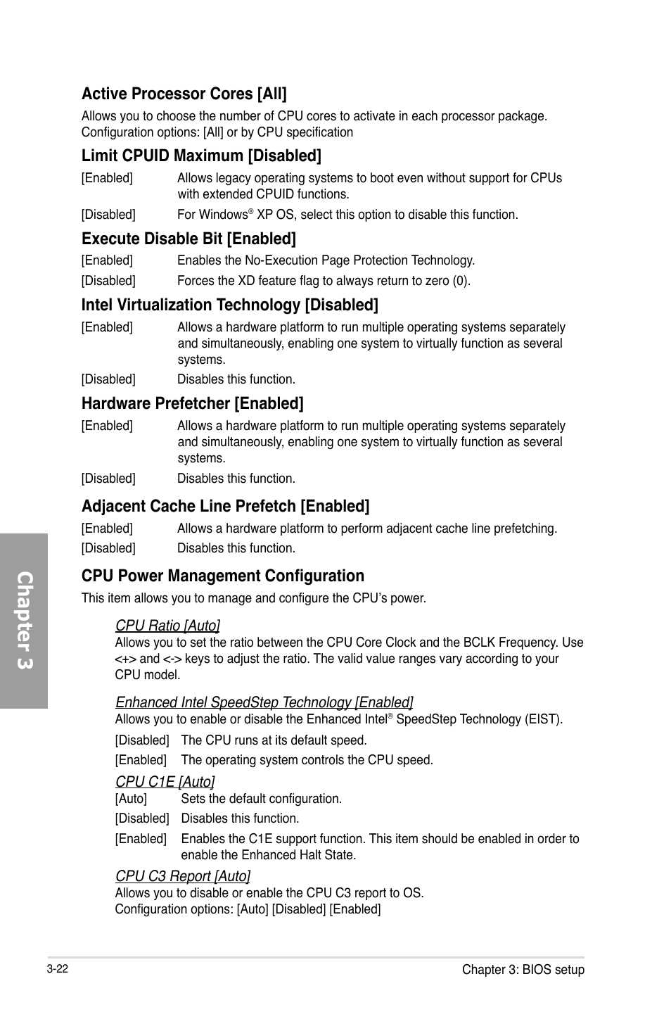 Chapter 3, Active processor cores [all, Limit cpuid maximum [disabled | Execute disable bit [enabled, Intel virtualization technology [disabled, Hardware prefetcher [enabled, Adjacent cache line prefetch [enabled, Cpu power management configuration | Asus SABERTOOTH Z77 User Manual | Page 86 / 178