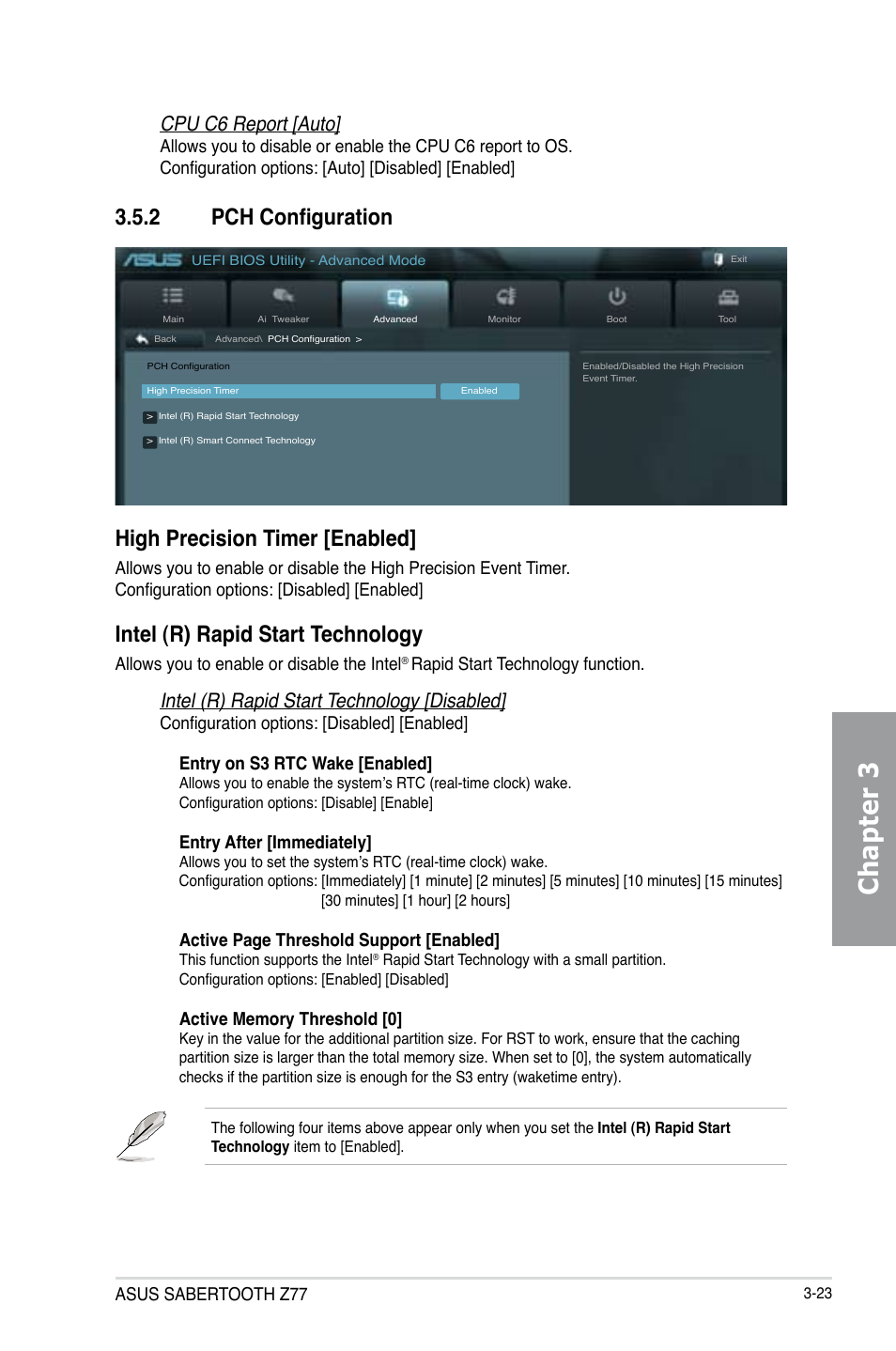 2 pch configuration, Pch configuration -23, Chapter 3 | High precision timer [enabled, Intel (r) rapid start technology, Intel (r) rapid start technology [disabled, Cpu c6 report [auto, Asus sabertooth z77, Allows you to enable or disable the intel, Rapid start technology function | Asus SABERTOOTH Z77 User Manual | Page 87 / 178