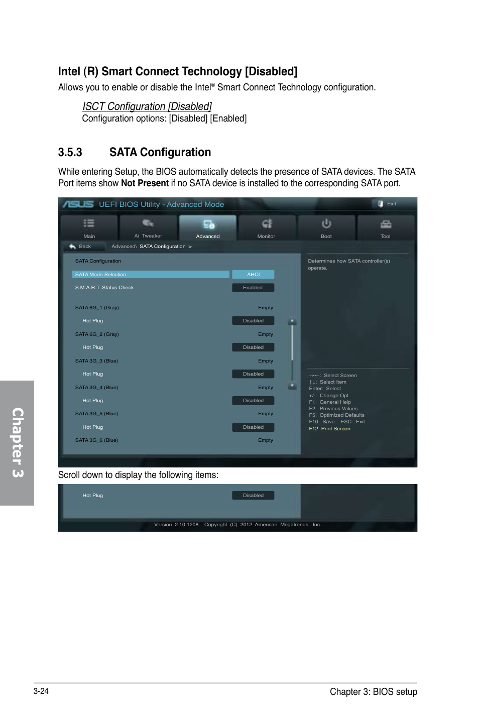 3 sata configuration, Sata configuration -24, Chapter 3 | Intel (r) smart connect technology [disabled, Isct configuration [disabled, Chapter 3: bios setup, Scroll down to display the following items, Allows you to enable or disable the intel, Smart connect technology configuration, Configuration options: [disabled] [enabled | Asus SABERTOOTH Z77 User Manual | Page 88 / 178