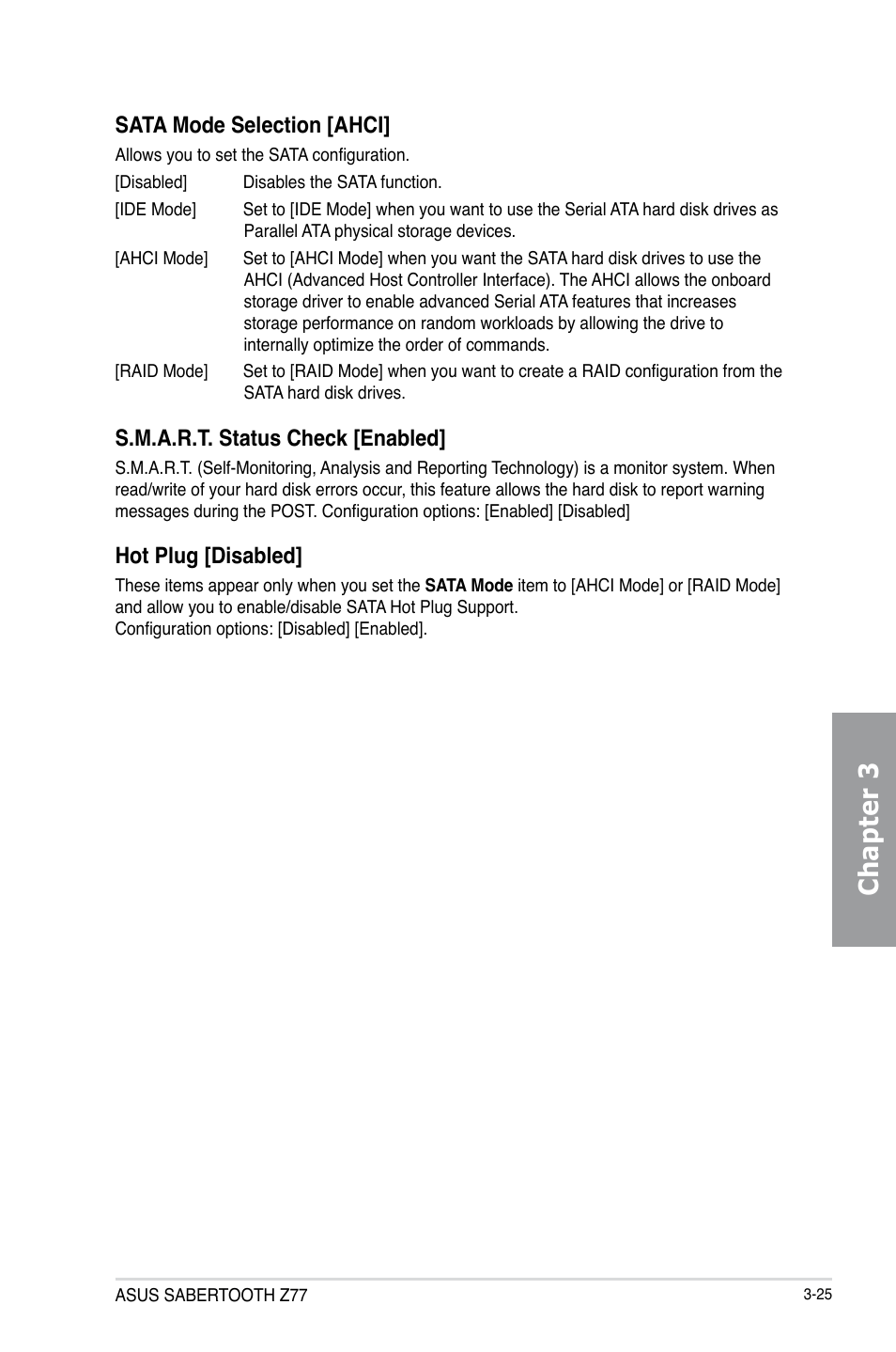 Chapter 3, Sata mode selection [ahci, S.m.a.r.t. status check [enabled | Hot plug [disabled | Asus SABERTOOTH Z77 User Manual | Page 89 / 178