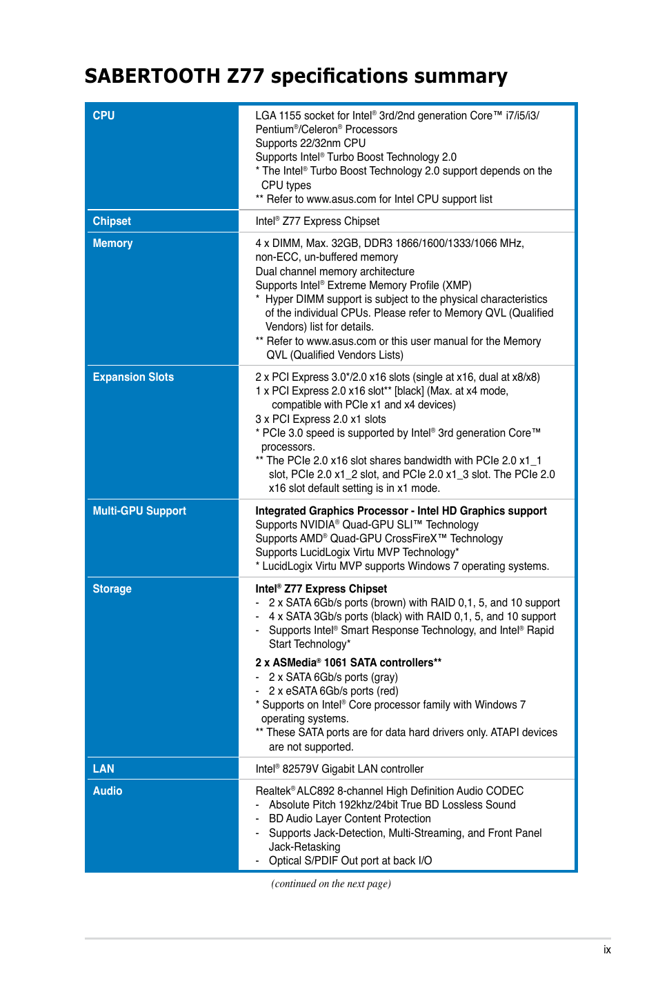 Sabertooth z77 specifications summary | Asus SABERTOOTH Z77 User Manual | Page 9 / 178