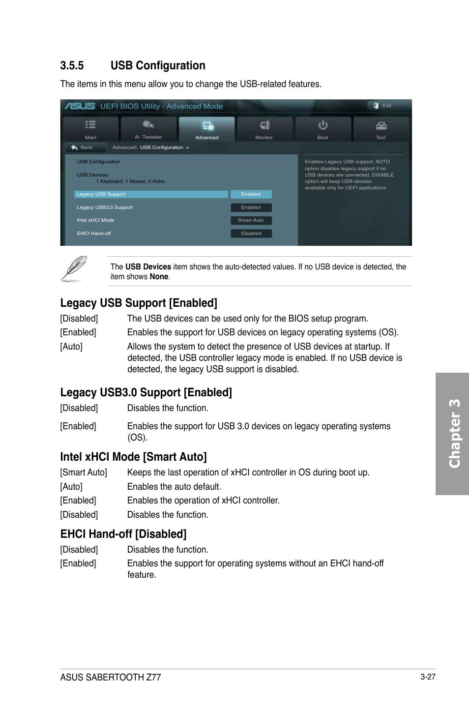 5 usb configuration, Usb configuration -27, Chapter 3 | Legacy usb support [enabled, Legacy usb3.0 support [enabled, Intel xhci mode [smart auto, Ehci hand-off [disabled, Asus sabertooth z77 | Asus SABERTOOTH Z77 User Manual | Page 91 / 178