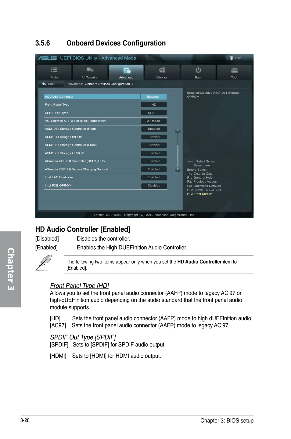 6 onboard devices configuration, Onboard devices configuration -28, Chapter 3 | Front panel type [hd, Spdif out type [spdif, Chapter 3: bios setup | Asus SABERTOOTH Z77 User Manual | Page 92 / 178