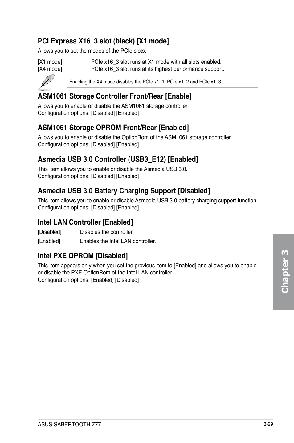 Chapter 3, Pci express x16_3 slot (black) [x1 mode, Asm1061 storage controller front/rear [enable | Asm1061 storage oprom front/rear [enabled, Asmedia usb 3.0 battery charging support [disabled, Intel lan controller [enabled, Intel pxe oprom [disabled | Asus SABERTOOTH Z77 User Manual | Page 93 / 178