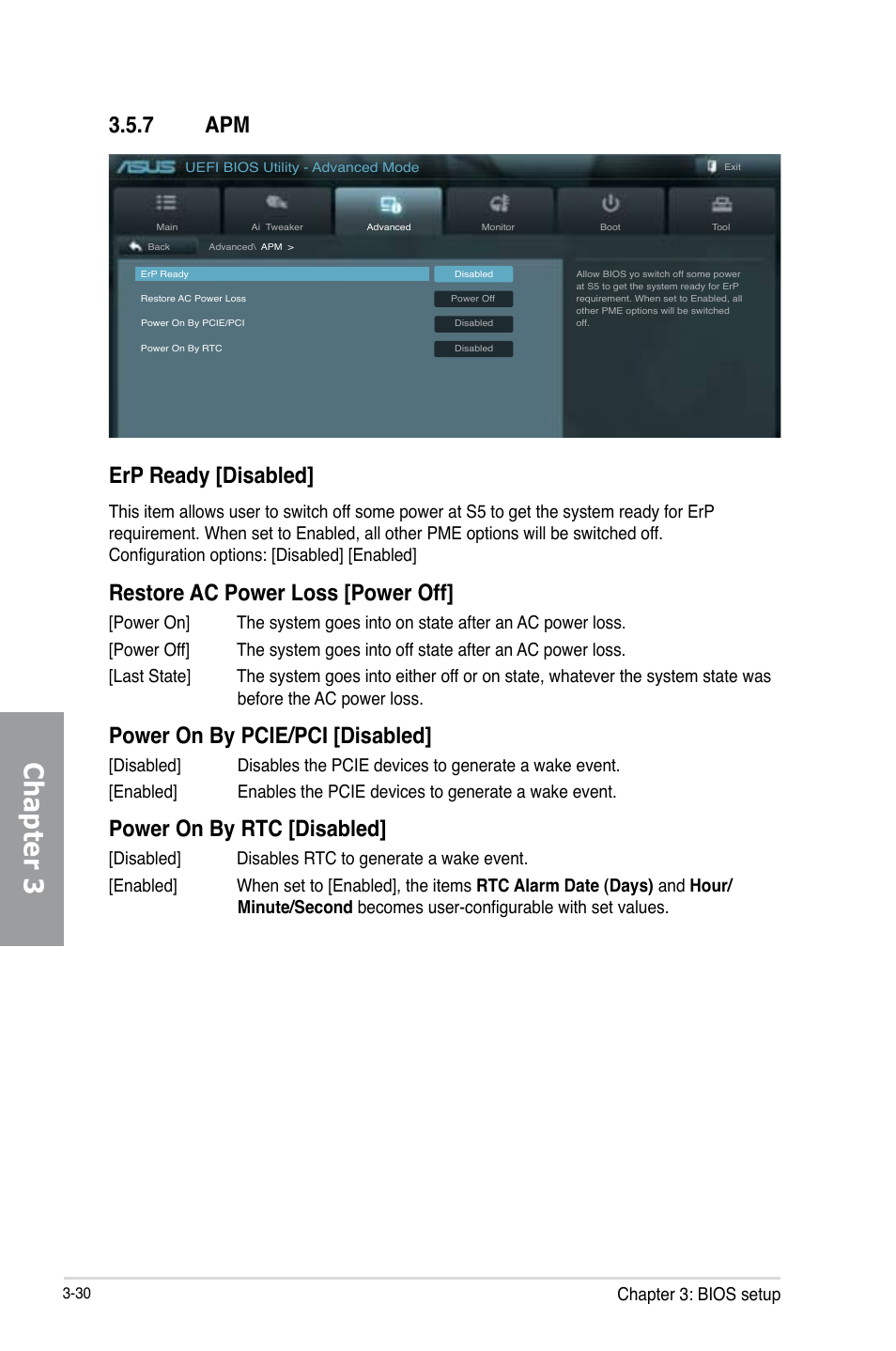 7 apm, Apm -30, Chapter 3 | Erp ready [disabled, Restore ac power loss [power off, Power on by pcie/pci [disabled, Power on by rtc [disabled, Chapter 3: bios setup | Asus SABERTOOTH Z77 User Manual | Page 94 / 178