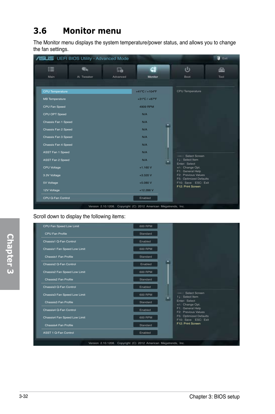 6 monitor menu, Monitor menu -32, Chapter 3 3.6 monitor menu | Chapter 3: bios setup, Uefi bios utility - advanced mode | Asus SABERTOOTH Z77 User Manual | Page 96 / 178