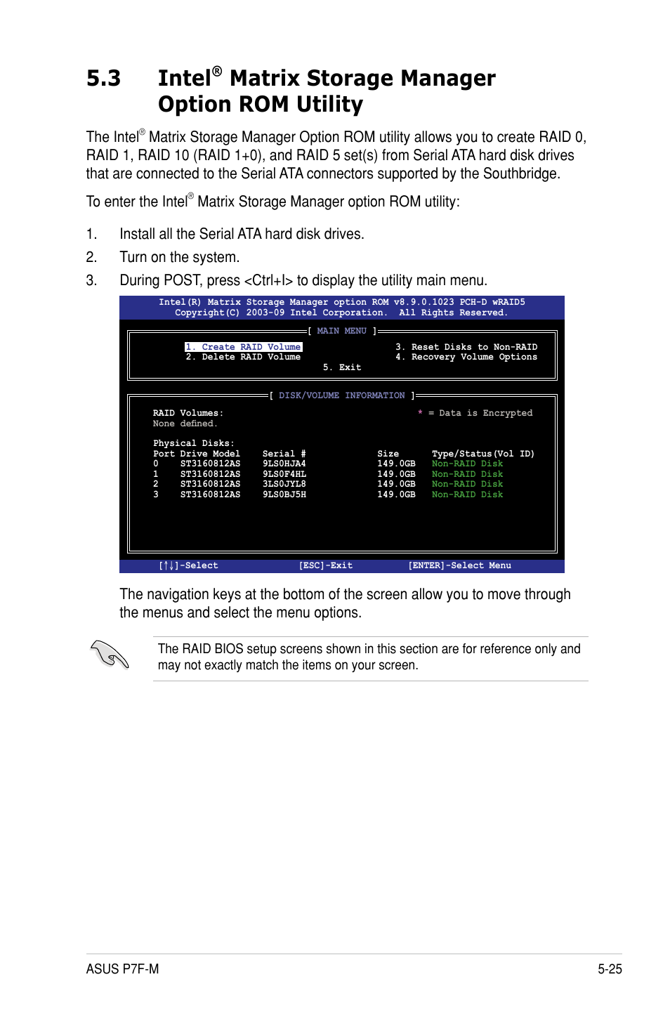 3 intel, Matrix storage manager option rom utility, The intel | Asus P7F-M User Manual | Page 119 / 160