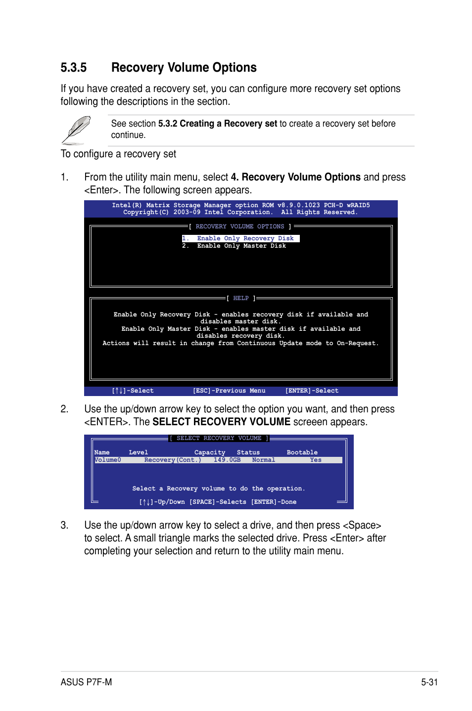 5 recovery volume options | Asus P7F-M User Manual | Page 125 / 160