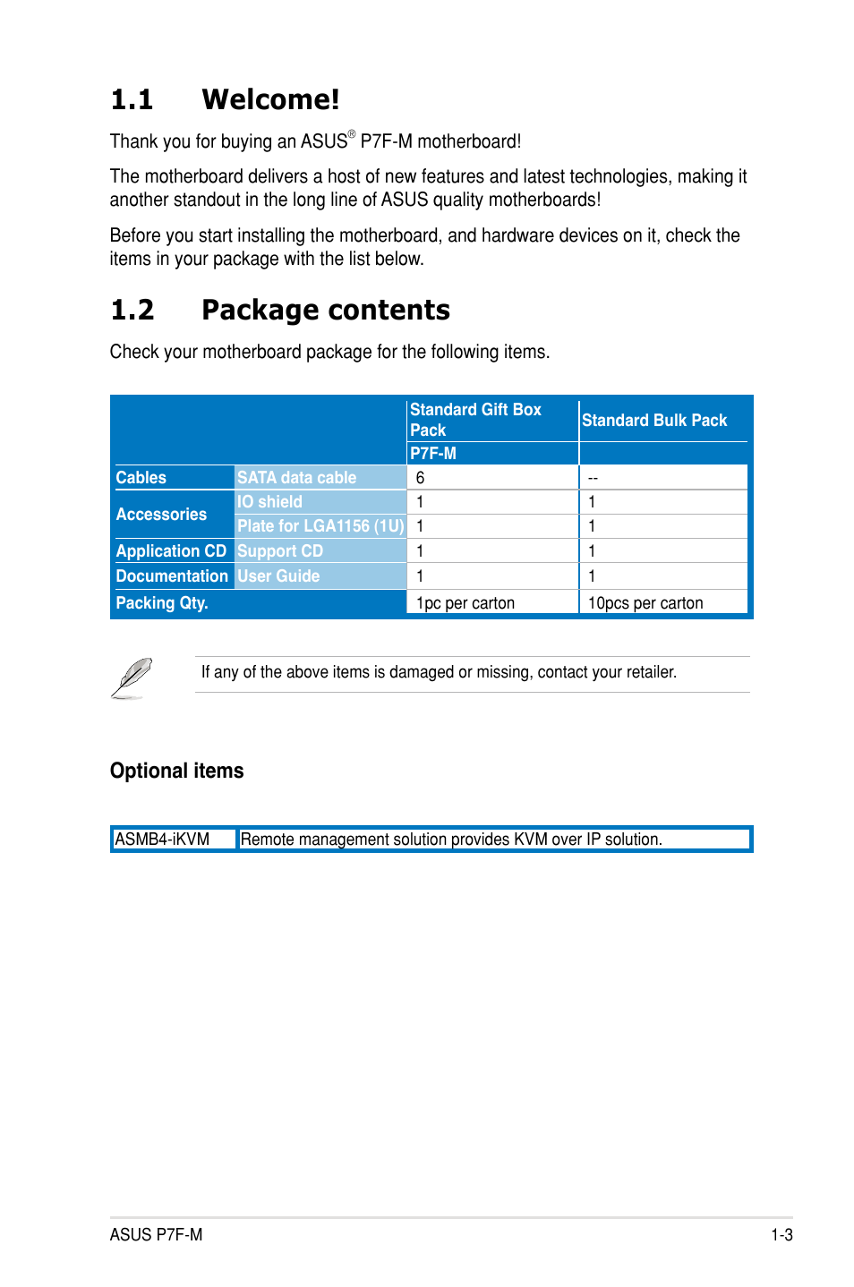 1 welcome, 2 package contents, Optional items | Asus P7F-M User Manual | Page 15 / 160