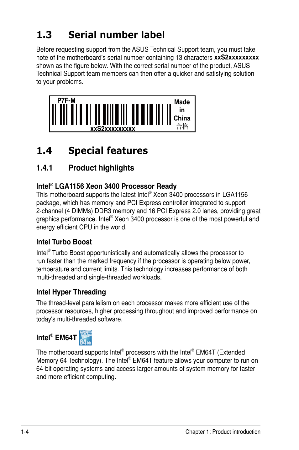 4 special features, 3 serial number label, 1 product highlights | Asus P7F-M User Manual | Page 16 / 160