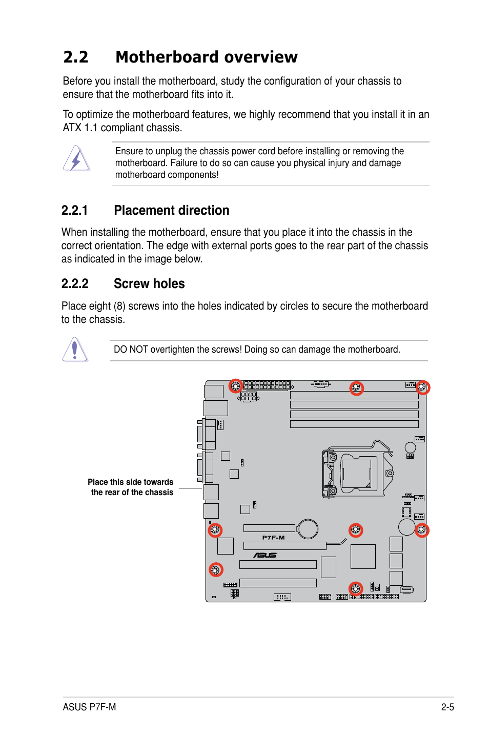 2 motherboard overview, 1 placement direction, 2 screw holes | Asus P7F-M User Manual | Page 23 / 160