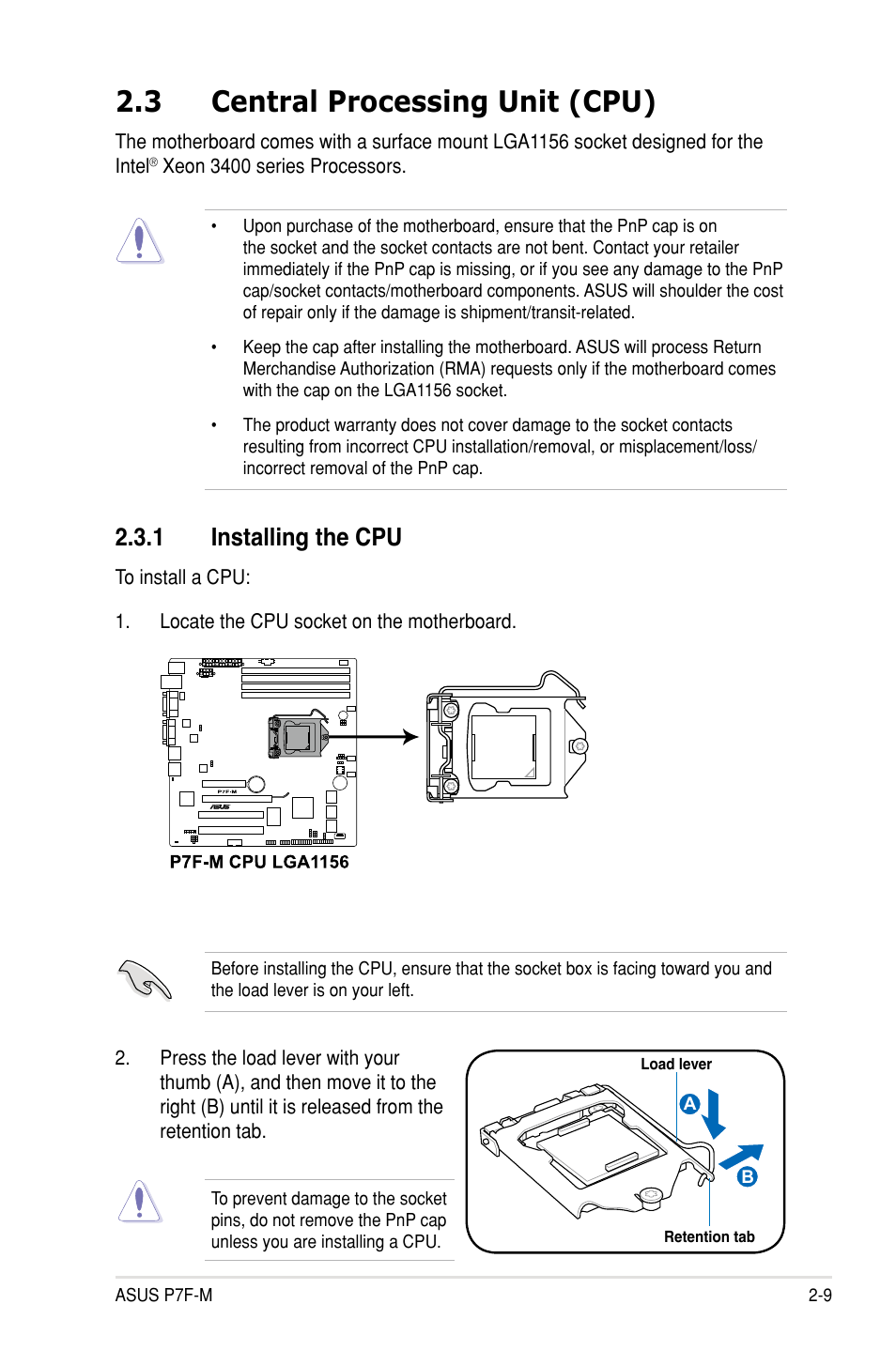 3 central processing unit (cpu), 1 installing the cpu | Asus P7F-M User Manual | Page 27 / 160