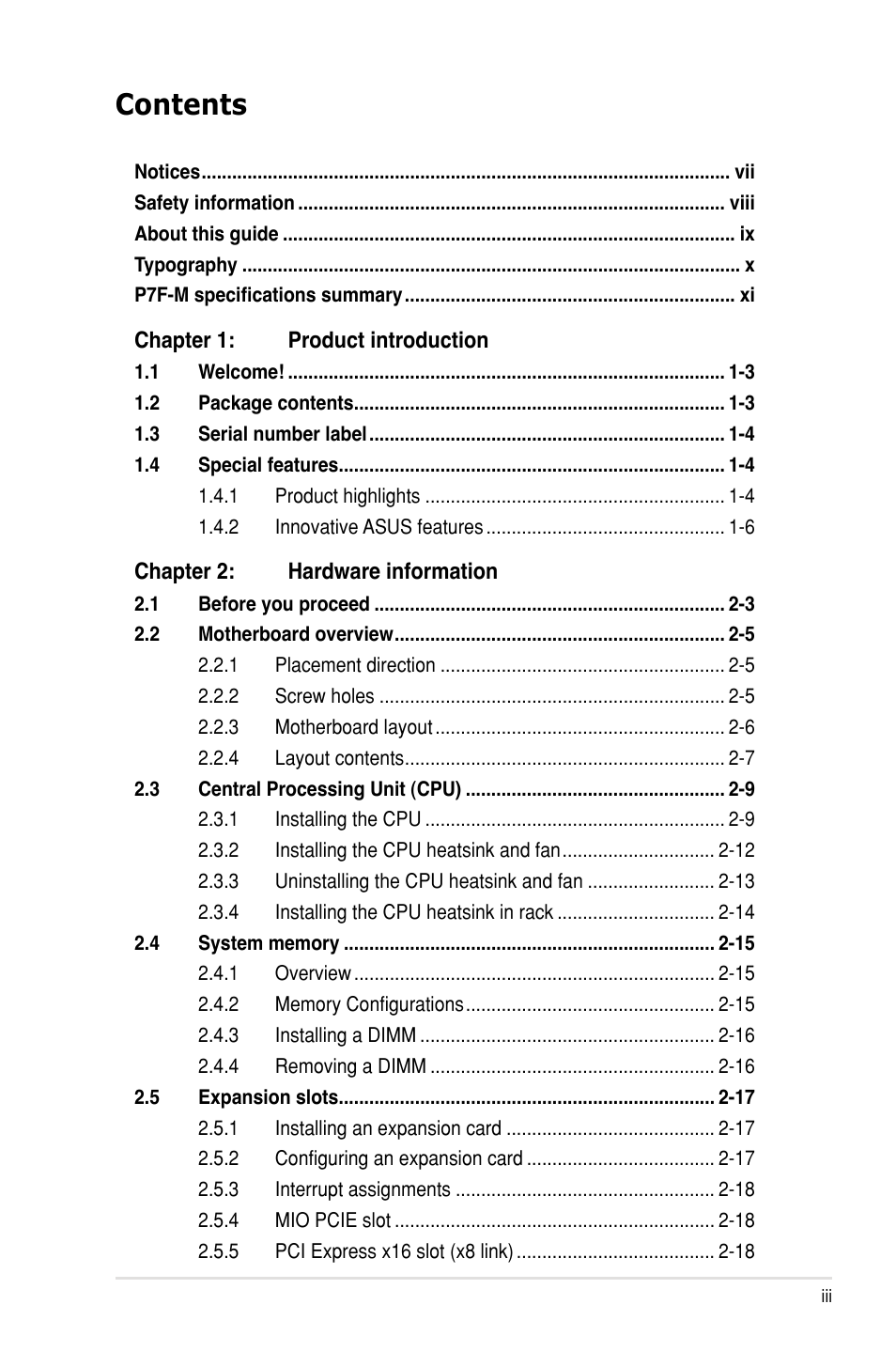 Asus P7F-M User Manual | Page 3 / 160