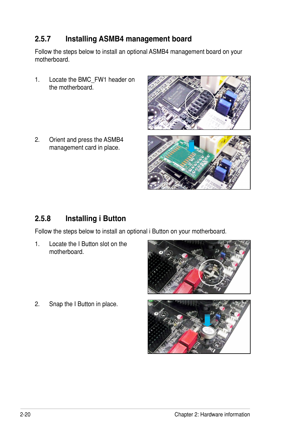 7 installing asmb4 management board, 8 installing i button | Asus P7F-M User Manual | Page 38 / 160