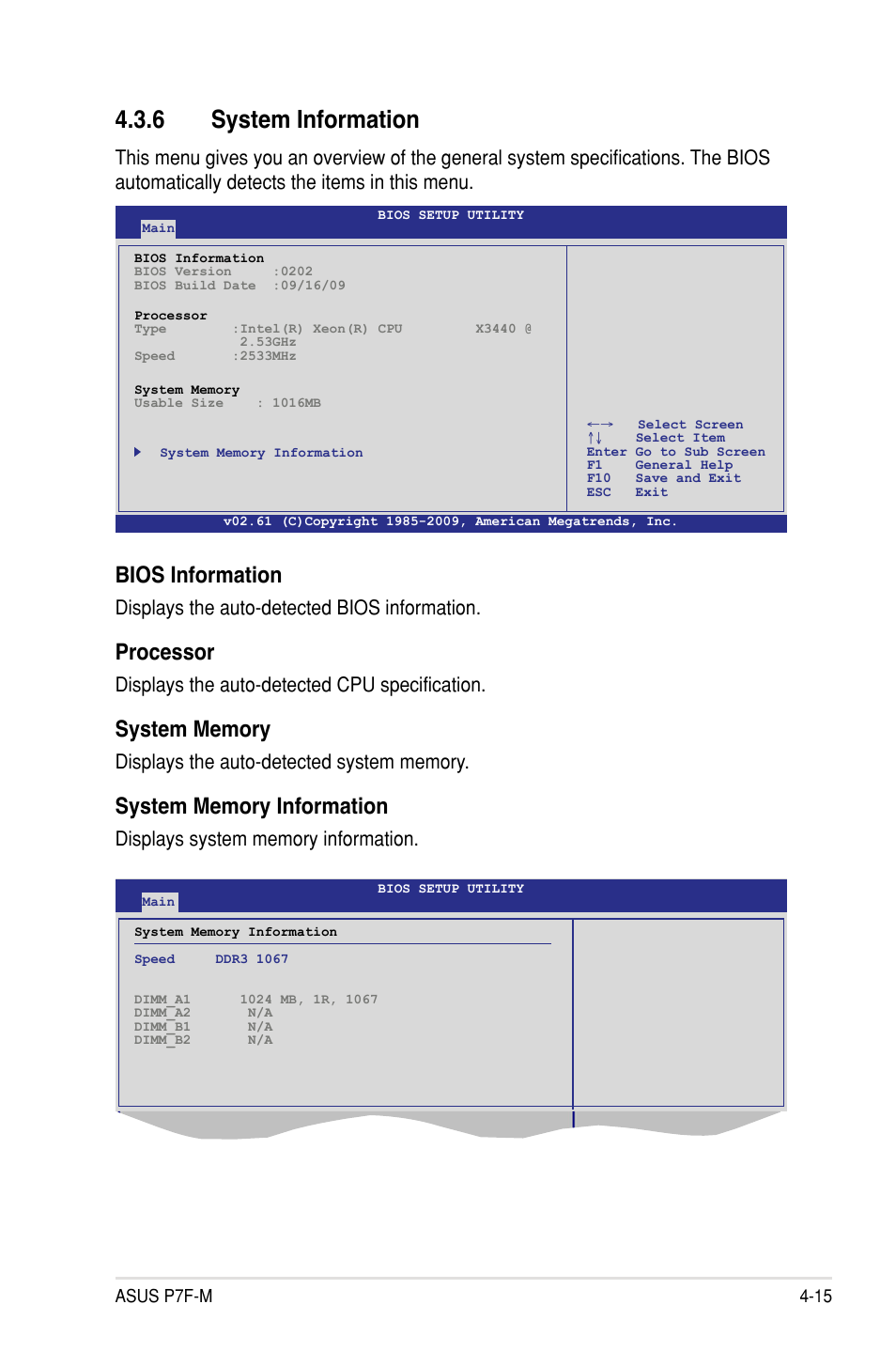 6 system information, Bios information, Processor | Displays the auto-detected bios information, Displays the auto-detected cpu specification | Asus P7F-M User Manual | Page 71 / 160