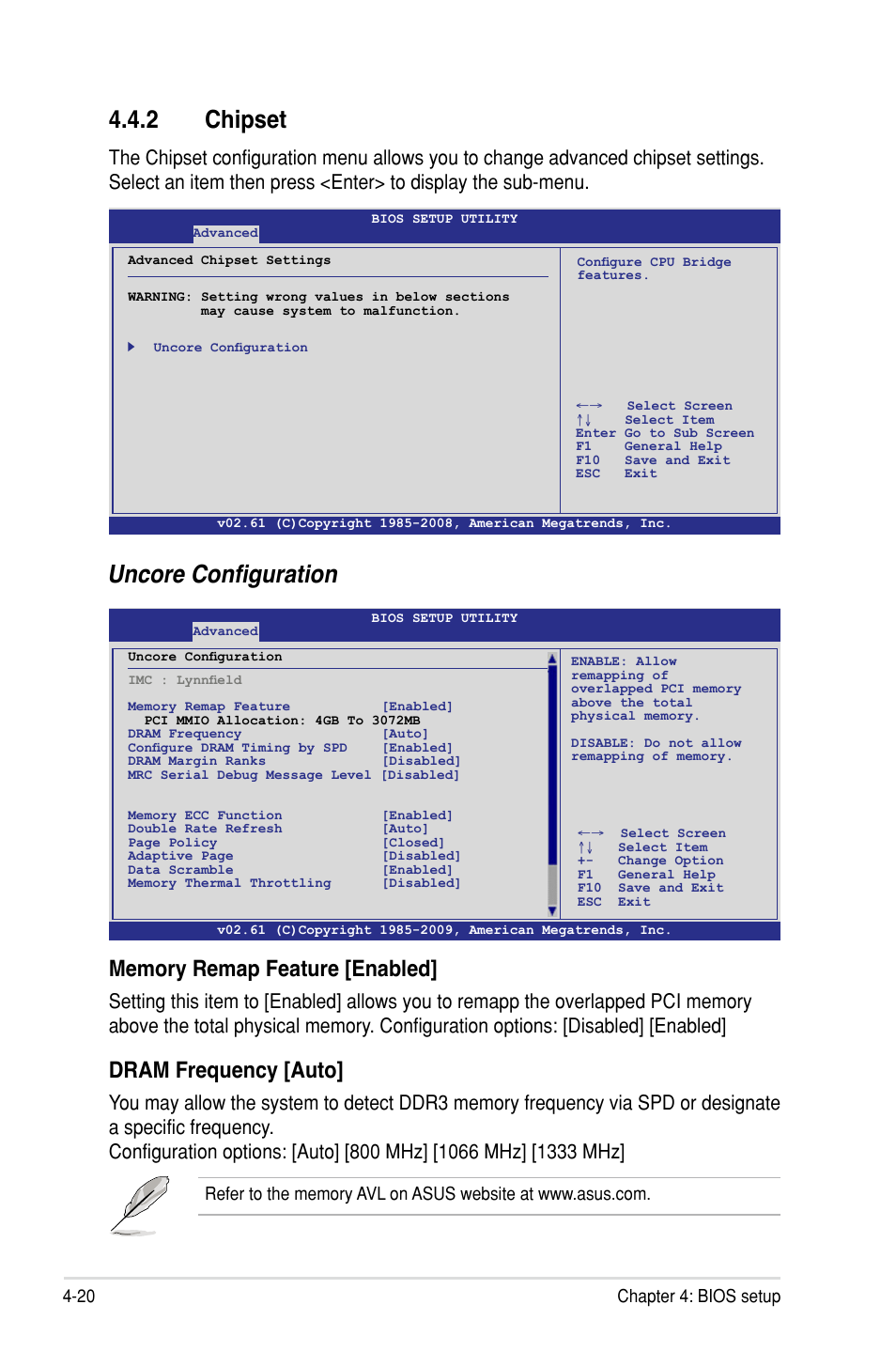 2 chipset, Uncore configuration, Dram frequency [auto | 20 chapter 4: bios setup | Asus P7F-M User Manual | Page 76 / 160