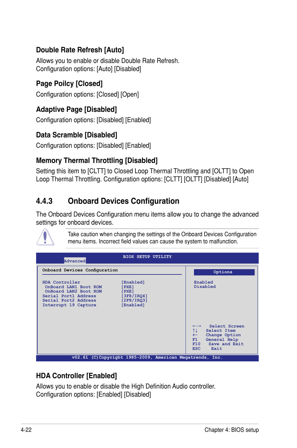 3 onboard devices configuration, Double rate refresh [auto, Page poilcy [closed | Adaptive page [disabled, Data scramble [disabled, Hda controller [enabled, Configuration options: [closed] [open, Configuration options: [disabled] [enabled | Asus P7F-M User Manual | Page 78 / 160