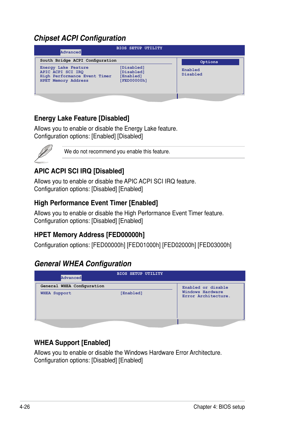 Chipset acpi configuration, General whea configuration, Energy lake feature [disabled | Apic acpi sci irq [disabled, High performance event timer [enabled, Whea support [enabled | Asus P7F-M User Manual | Page 82 / 160