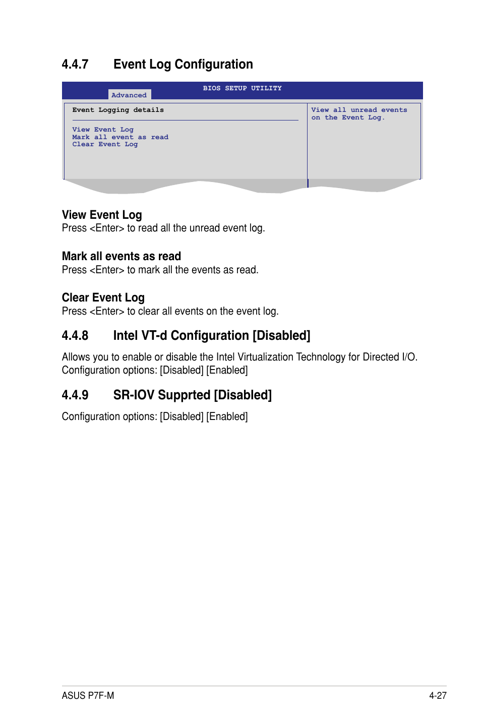 7 event log configuration, 8 intel vt-d configuration [disabled, 9 sr-iov supprted [disabled | View event log, Mark all events as read, Clear event log | Asus P7F-M User Manual | Page 83 / 160