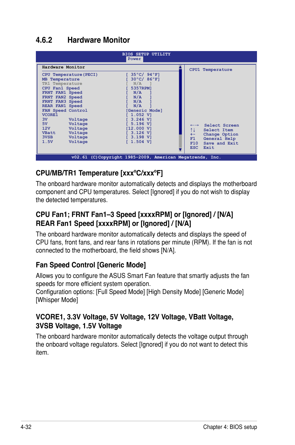 2 hardware monitor, Cpu/mb/tr1 temperature [xxxºc/xxxºf, Fan speed control [generic mode | Asus P7F-M User Manual | Page 88 / 160