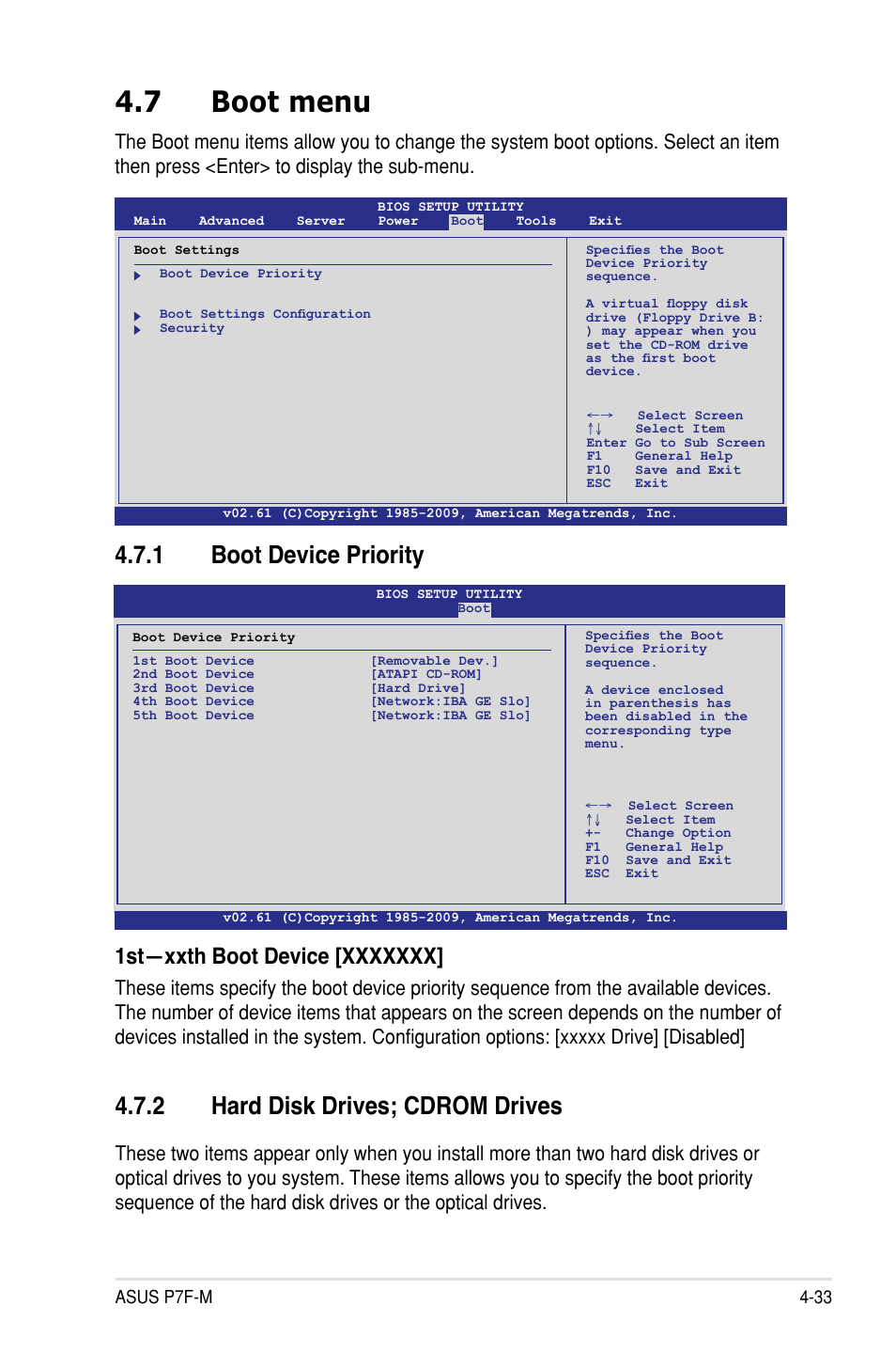 7 boot menu, 1 boot device priority, 2 hard disk drives; cdrom drives | Asus P7F-M User Manual | Page 89 / 160