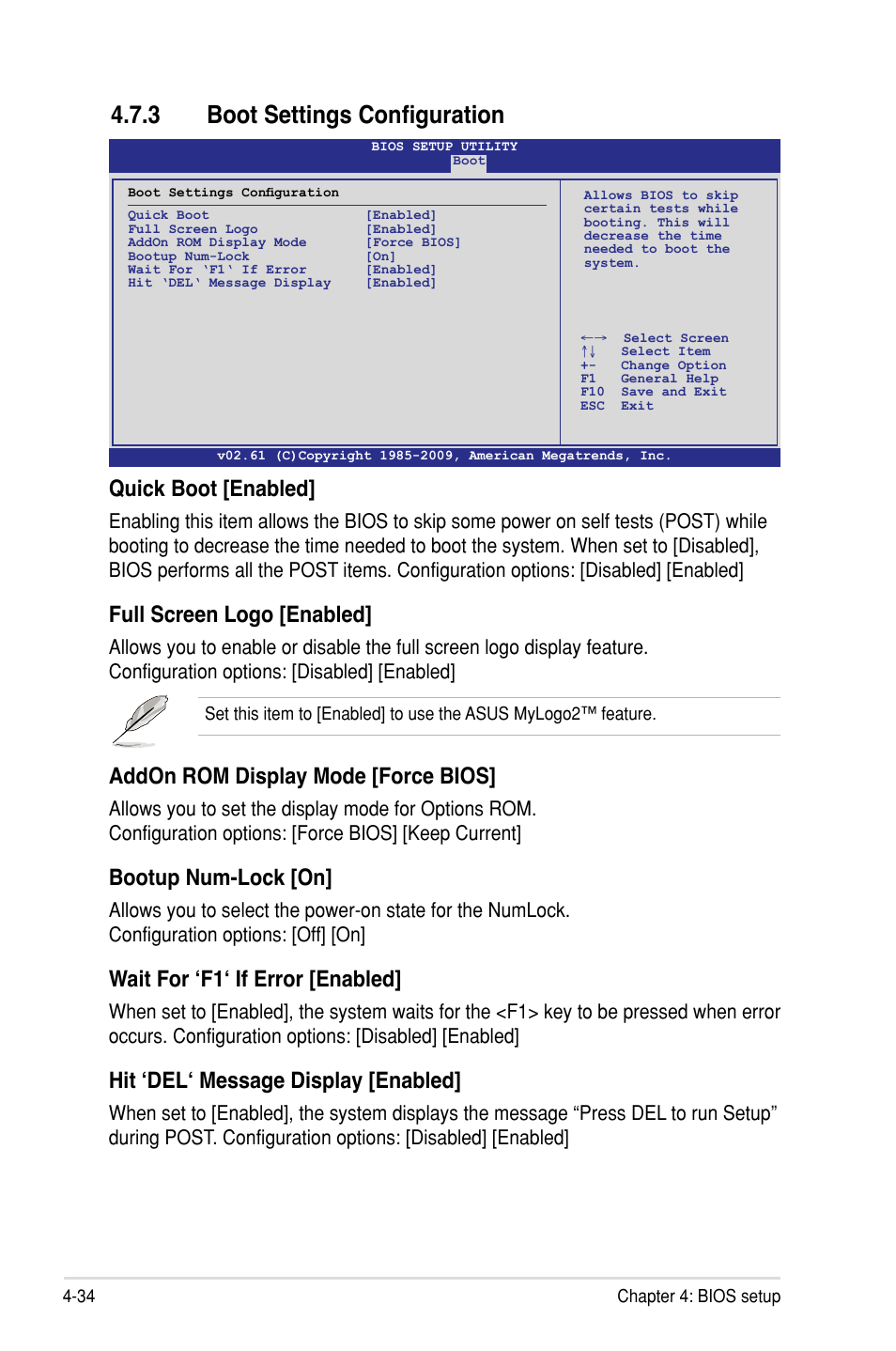 3 boot settings configuration, Quick boot [enabled, Full screen logo [enabled | Addon rom display mode [force bios, Bootup num-lock [on, Wait for ‘f1‘ if error [enabled, Hit ‘del‘ message display [enabled | Asus P7F-M User Manual | Page 90 / 160