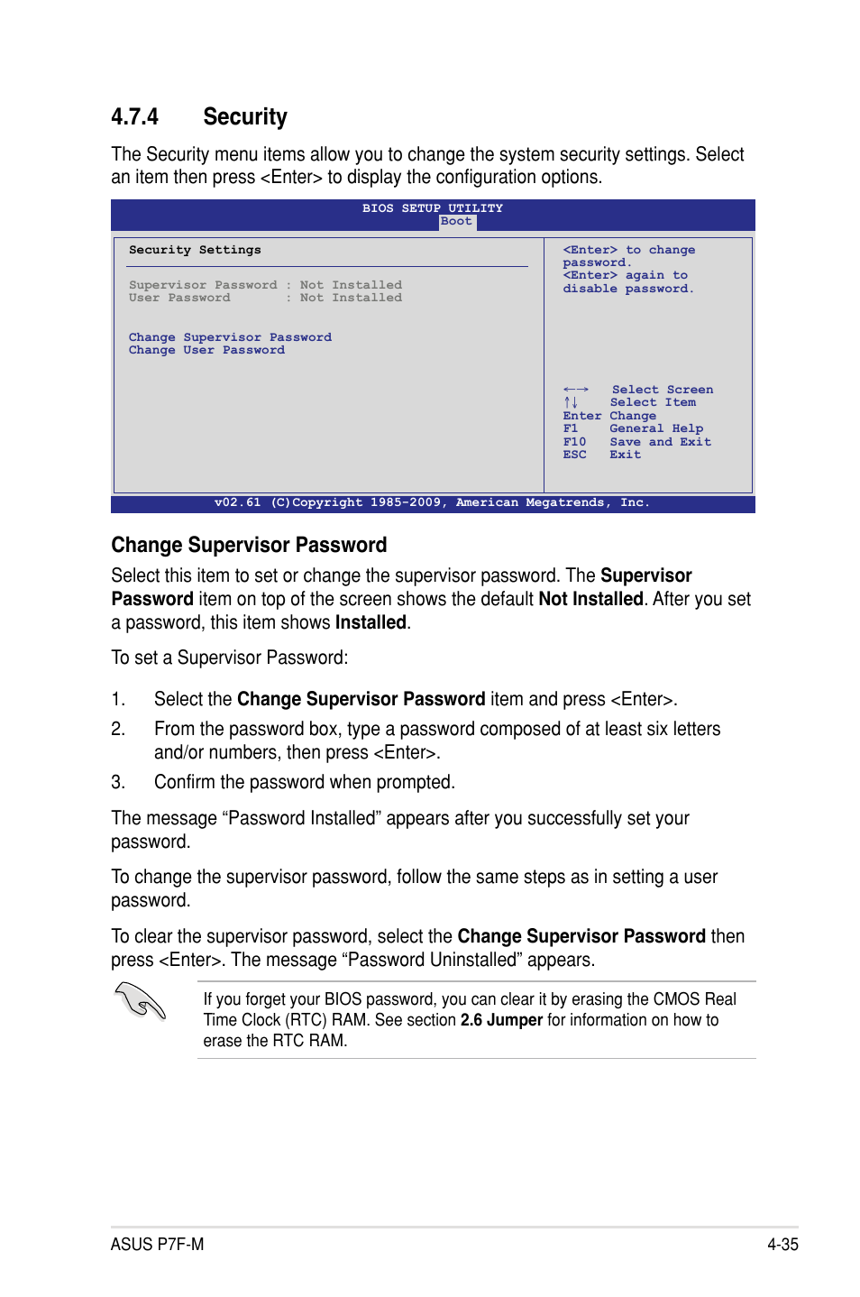 4 security, Change supervisor password | Asus P7F-M User Manual | Page 91 / 160