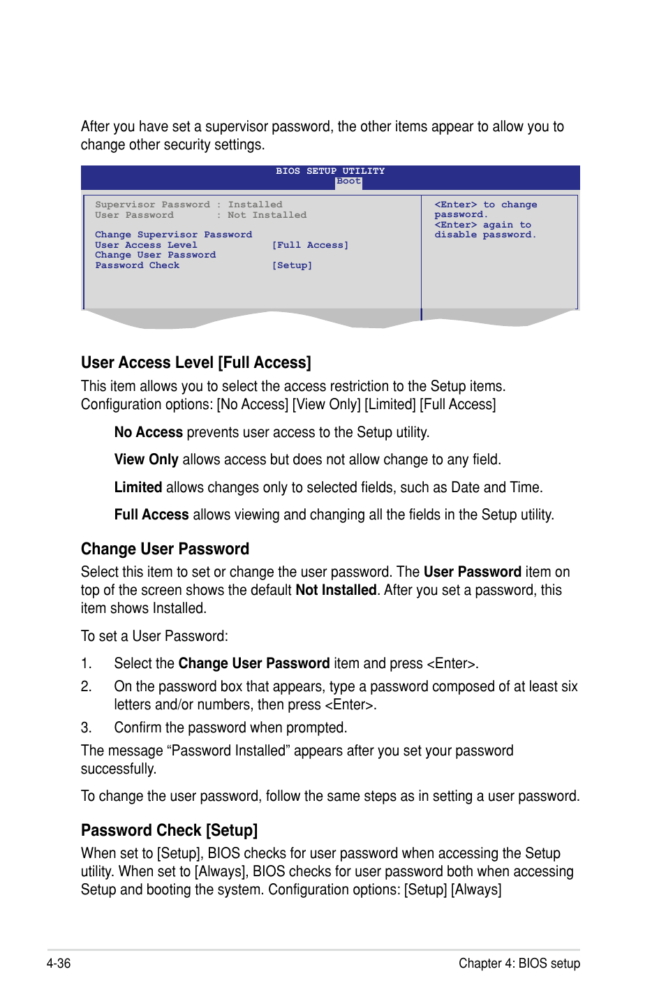 User access level [full access, Change user password, Password check [setup | Asus P7F-M User Manual | Page 92 / 160