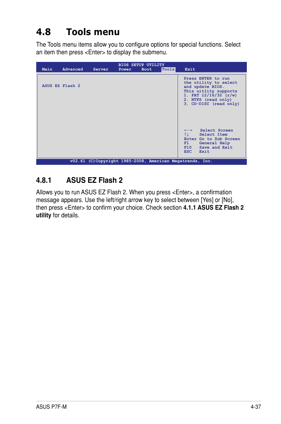 8 tools menu, 1 asus ez flash 2 | Asus P7F-M User Manual | Page 93 / 160