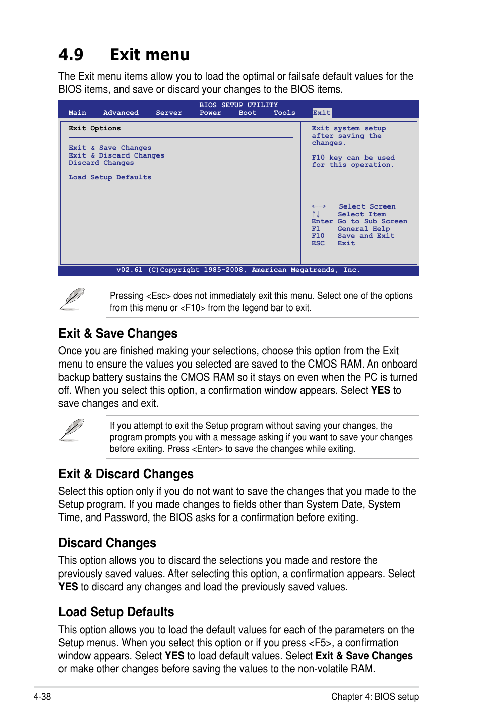 9 exit menu, Exit & save changes, Exit & discard changes | Discard changes, Load setup defaults | Asus P7F-M User Manual | Page 94 / 160