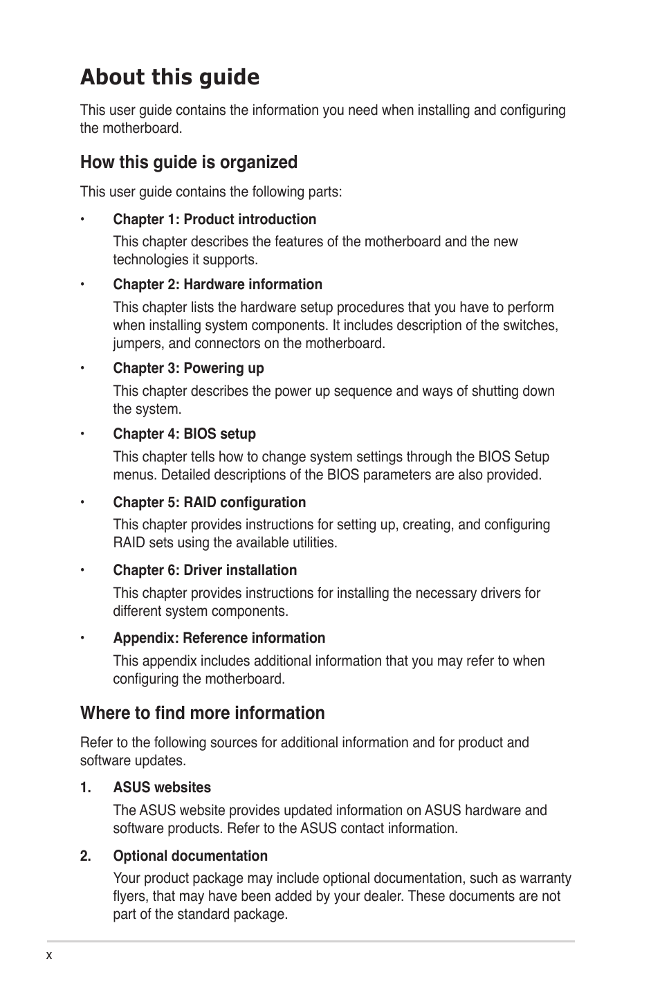 About this guide, How this guide is organized, Where to find more information | Asus Z9PR-D12 User Manual | Page 10 / 190