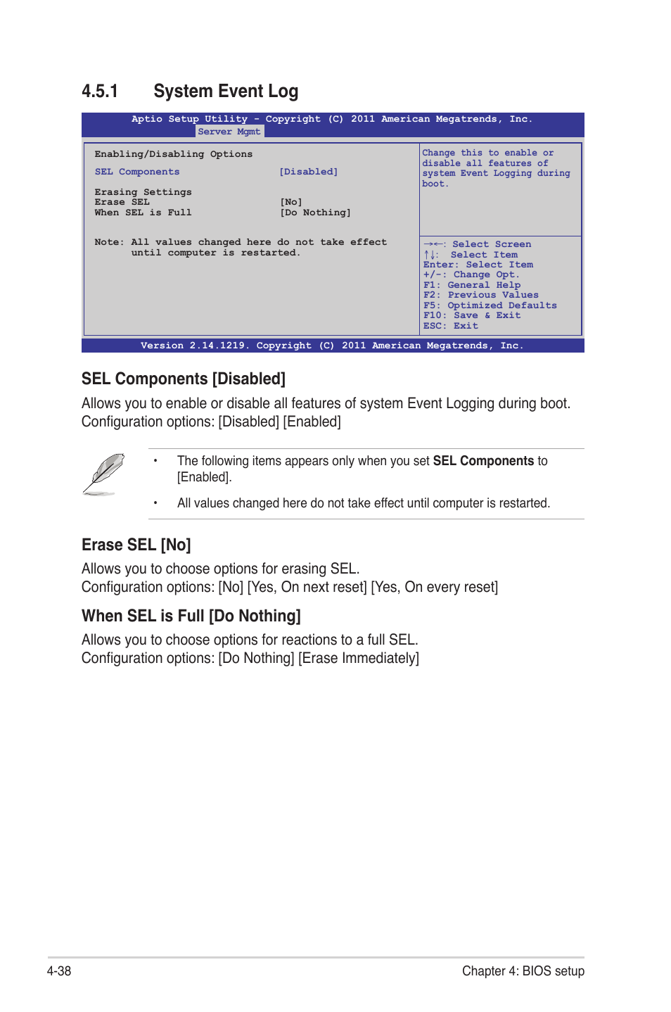 1 system event log, System event log -38, Sel components [disabled | Erase sel [no, When sel is full [do nothing | Asus Z9PR-D12 User Manual | Page 100 / 190