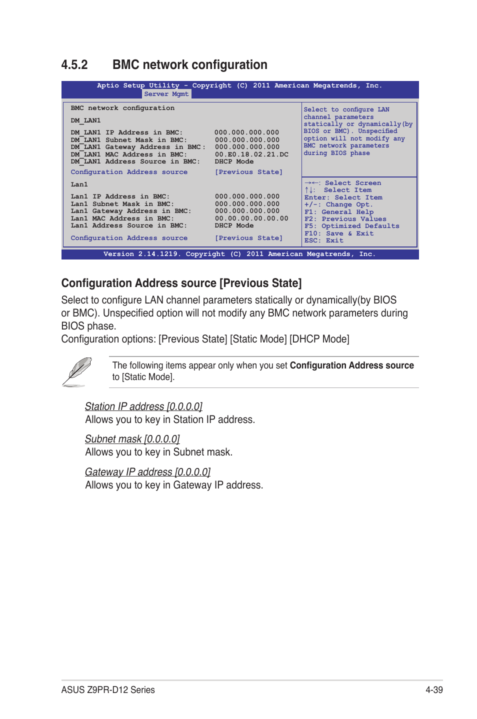 2 bmc network configuration, Bmc network configuration -39, Configuration address source [previous state | Asus Z9PR-D12 User Manual | Page 101 / 190