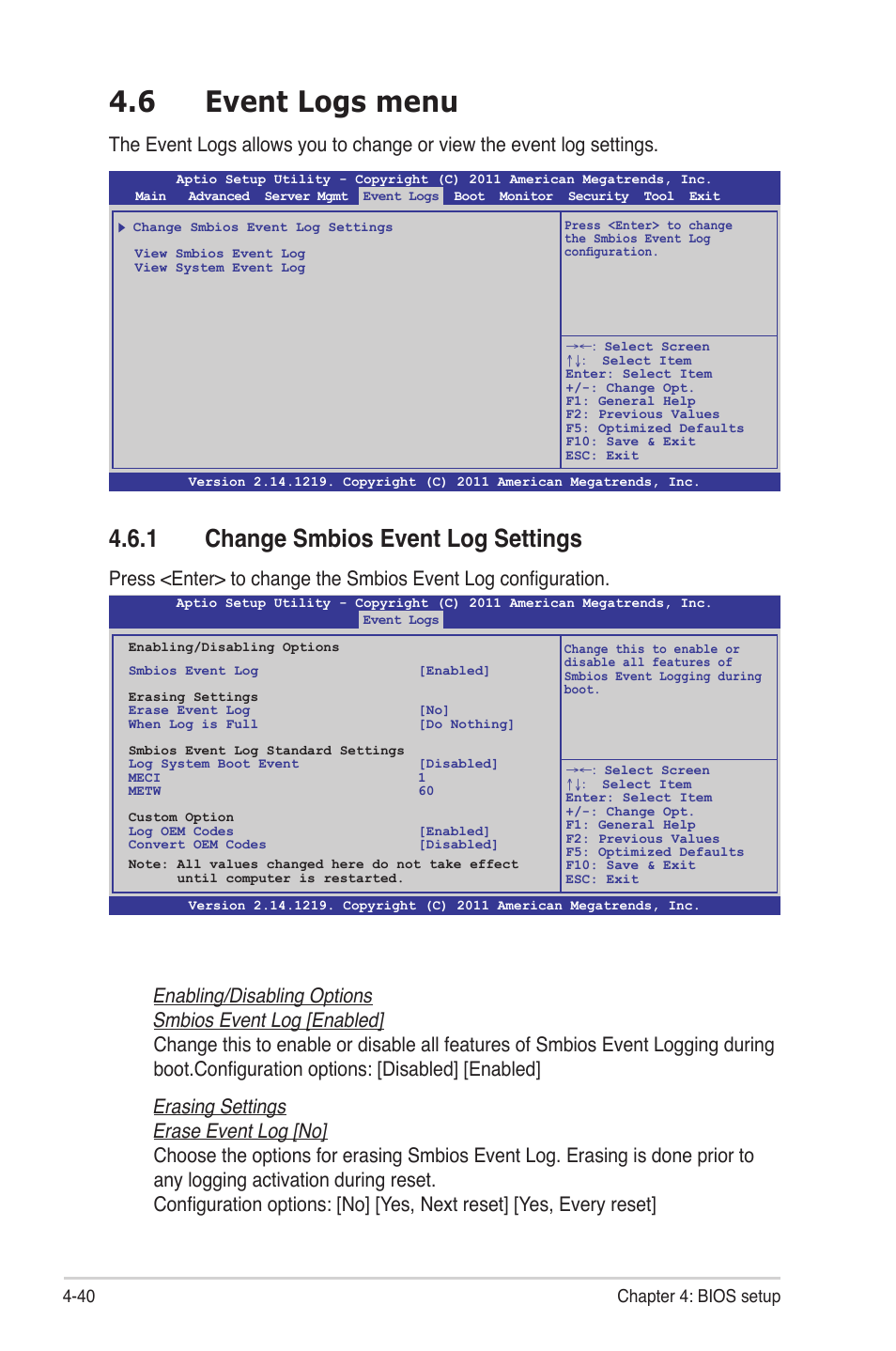 6 event logs menu, 1 change smbios event log settings, Event logs menu -40 4.6.1 | Change smbios event log settings -40, Event logs menu -40, 40 chapter 4: bios setup | Asus Z9PR-D12 User Manual | Page 102 / 190